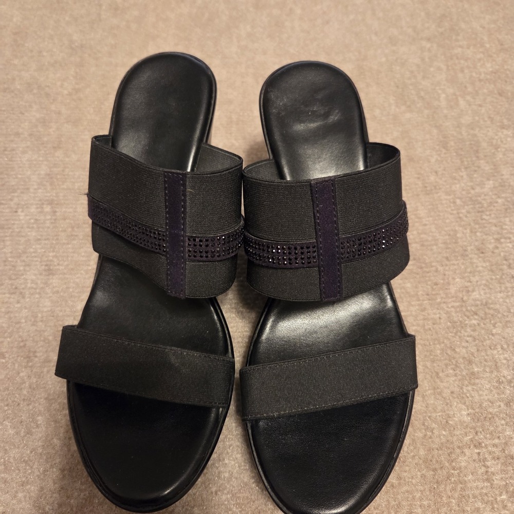 Italian Shoemakers Steph Black Wedge Sandals Rhinestone Elastic Straps Size 10M